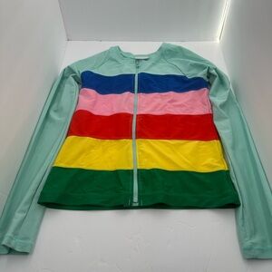 Hanna Andersson Mint Zip-Front Jacket with Rainbow Stripes